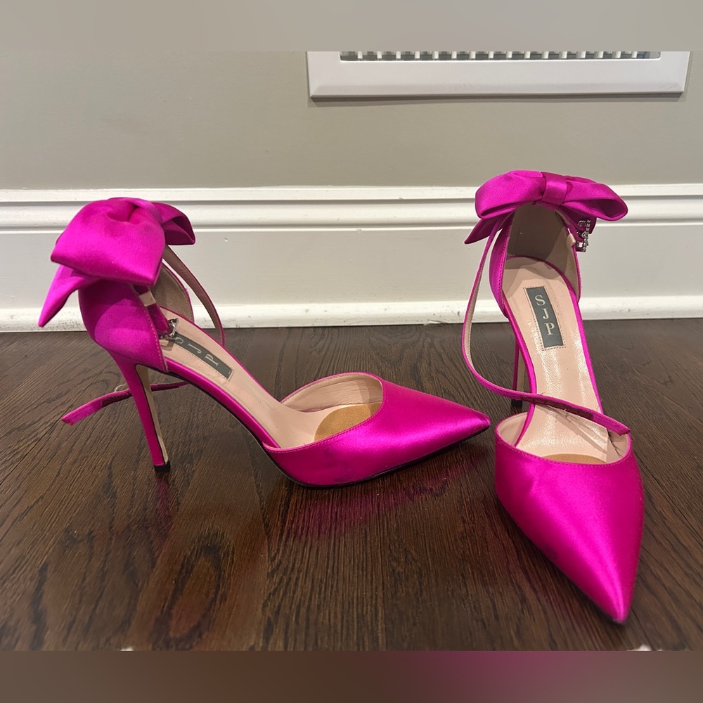 SJP Sarah Jessica Parker hot pink magenta satin heels stilettos bows rhinestone